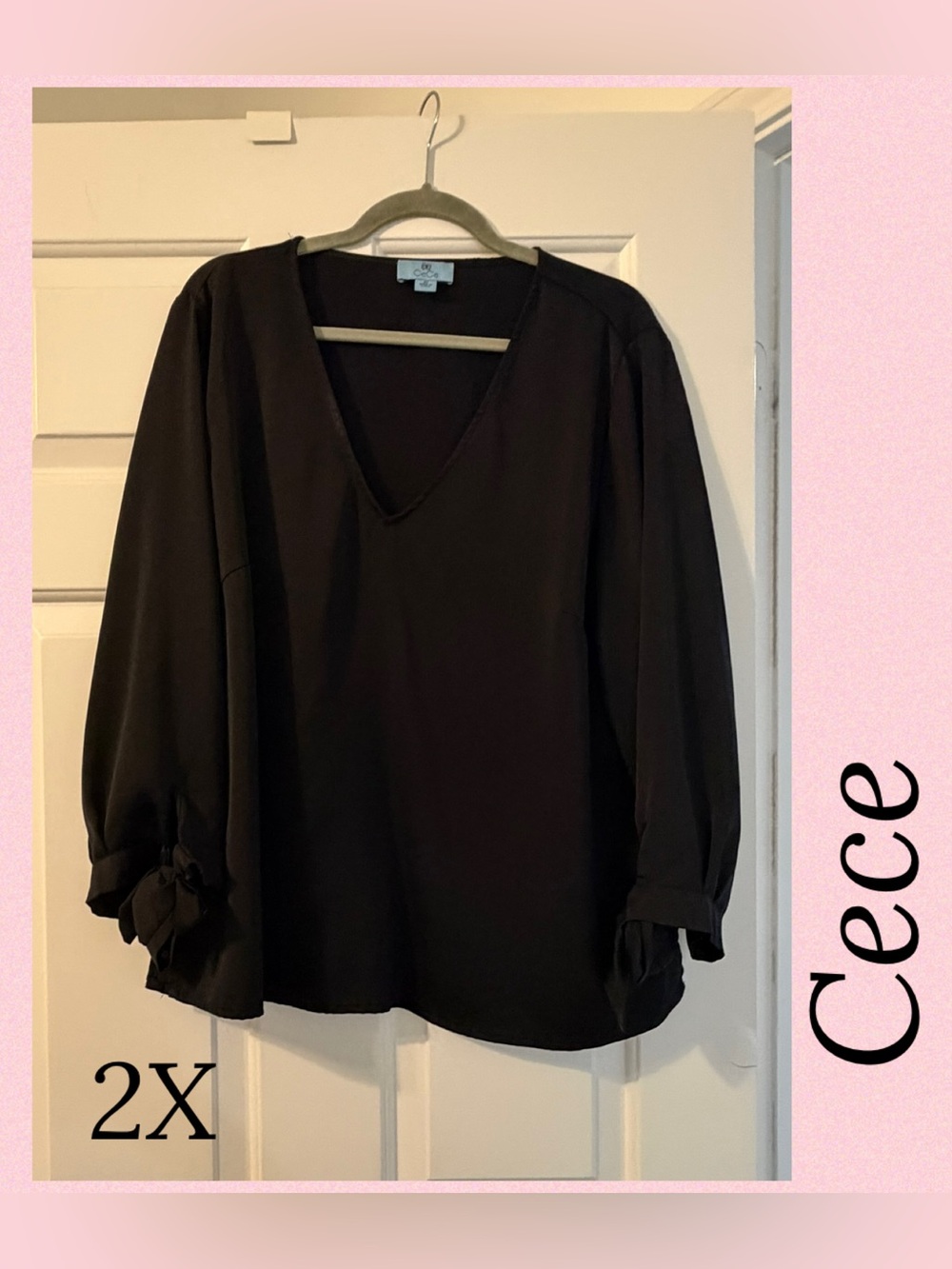 CeCe Black V-Neck Long Sleeve Blouse with Tie Cuffs